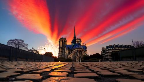 Firefly cathedral of notre dame de paris view at ground level and a portion of the cobblestones can