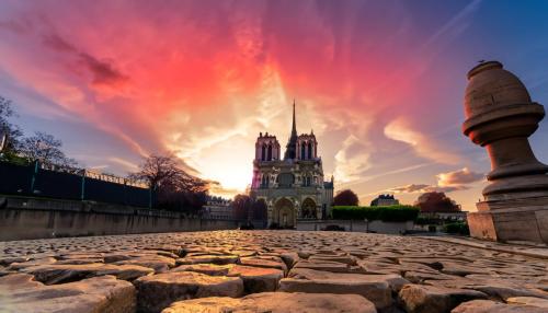 Firefly cathedral of notre dame de paris wide angle view at ground level and a portion of the cobble