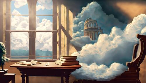 Firefly clouds inside an empty study in a room with a desk by the window dream of ancient rome peopl-2