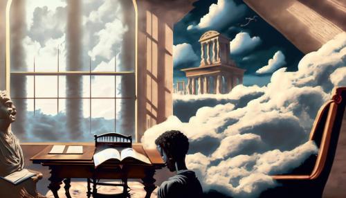 Firefly clouds inside an empty study in a room with a desk by the window dream of ancient rome peopl