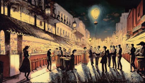 Firefly night streets of a Brazilian city in the 1940s, evening, bar, waiters, customers, singing da