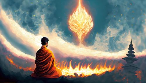 Firefly young Buddhist monk contemplates a fire with high flames and smoke rising into the sky 57536